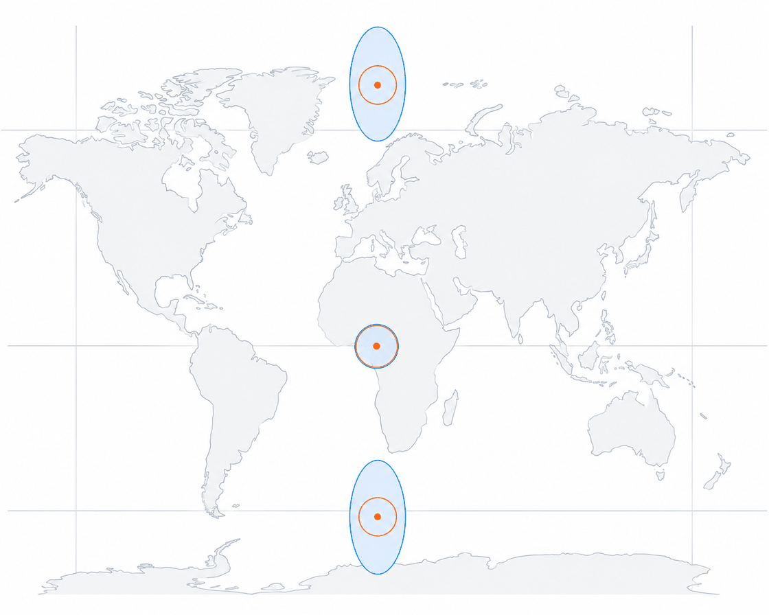 Euclidean versus geodesic buffers on a world map