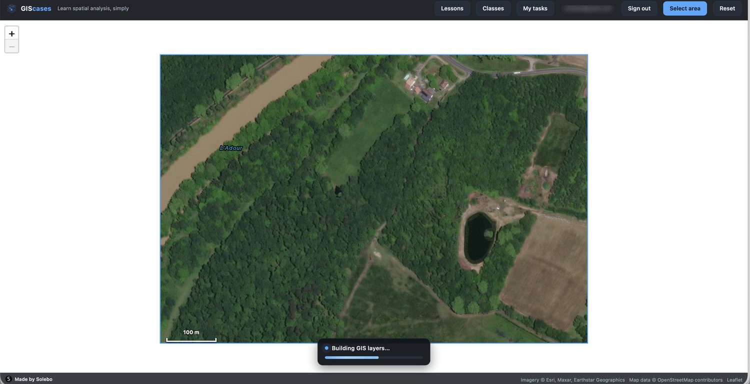 A study area selected on the satellite map, a 100 m scale bar, and a 'Building GIS layers' progress bar
