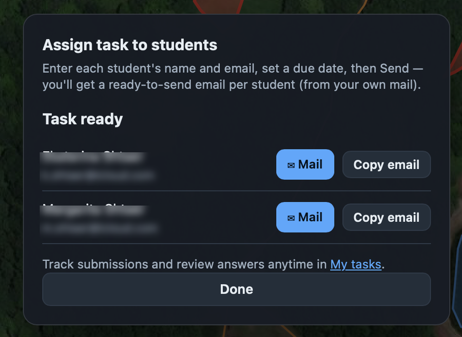 The 'Assign task to students' dialog showing a per-student mail link, names and emails blurred
