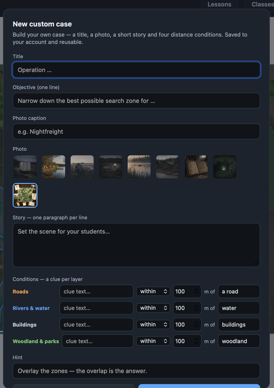 The New custom case dialog: title, objective, photo caption, a photo picker, a story box, four per-layer distance conditions and a hint