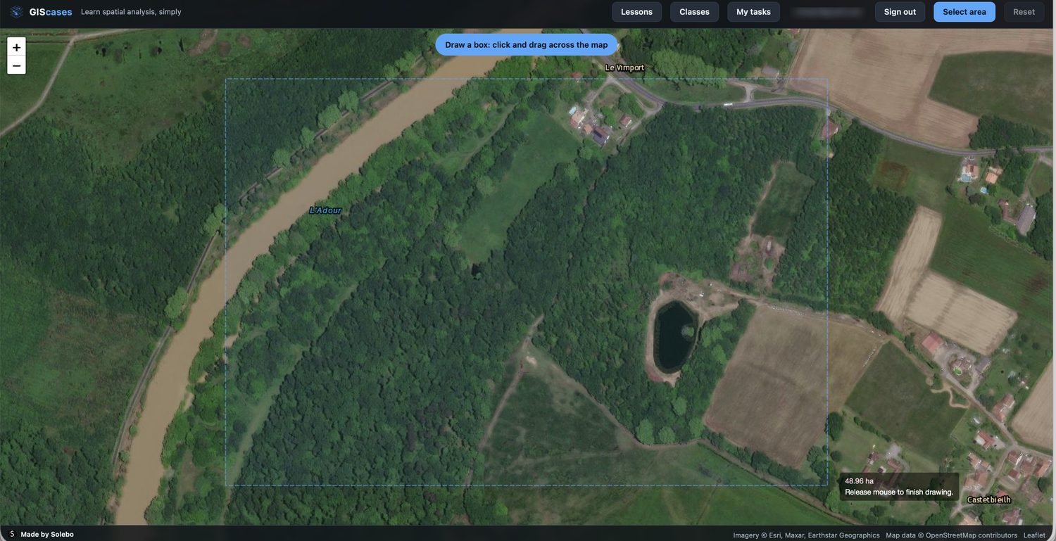The Select area button active and a dashed box being dragged across the satellite map
