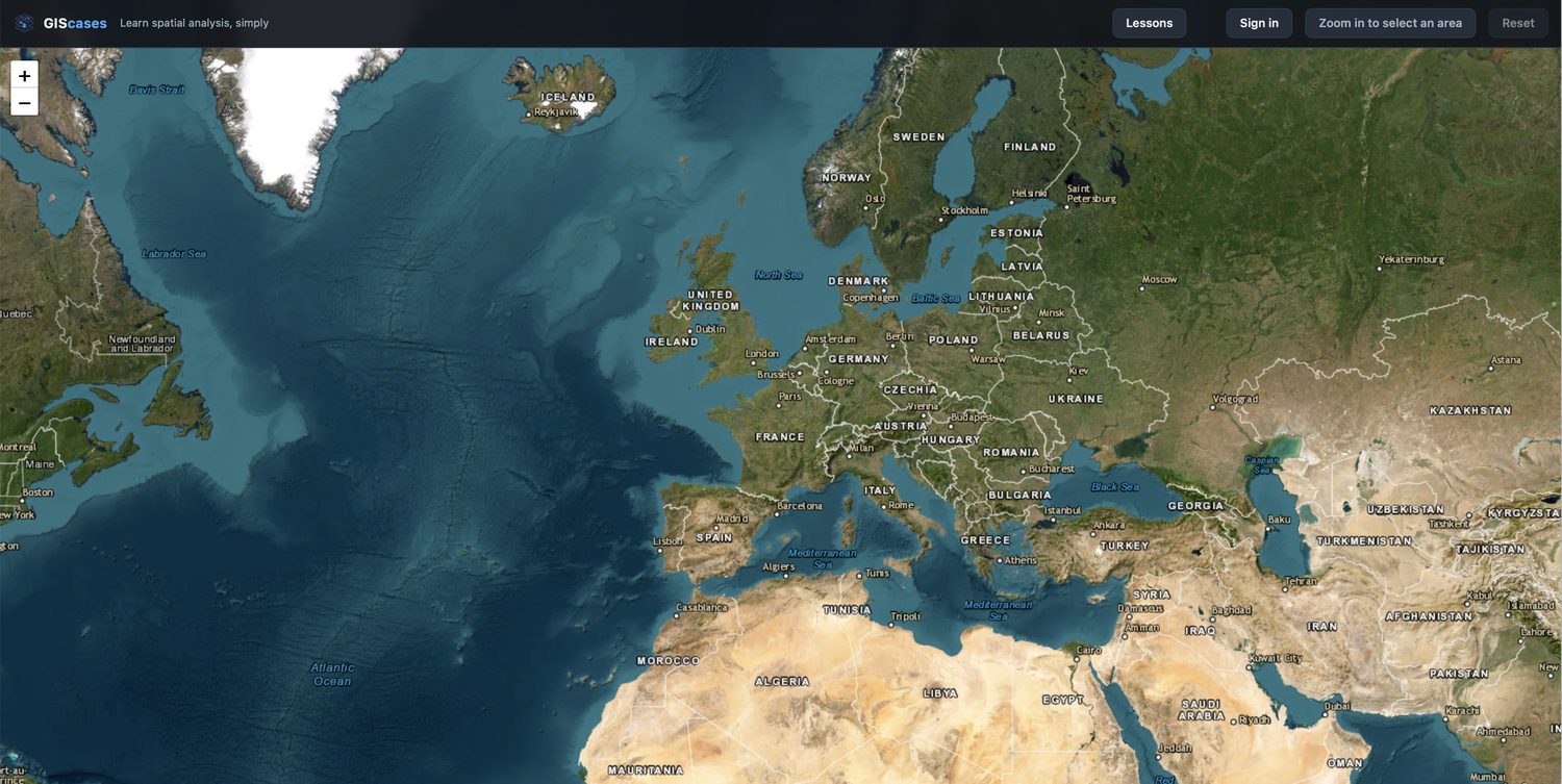 The GIScases home screen: a satellite world map with a top bar