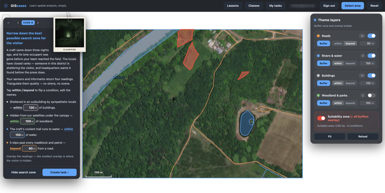 Buffers switched on and the suitability zone computed as red patches, with 'Suitable area 0.65 ha · 4 conditions'