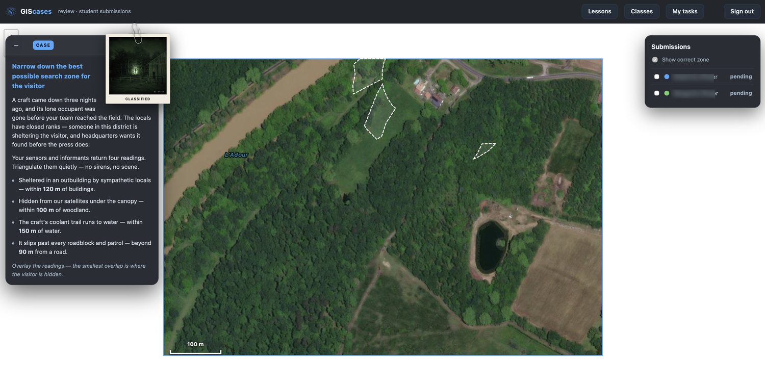 The review screen: the dashed correct zone on the map and a list of student submissions