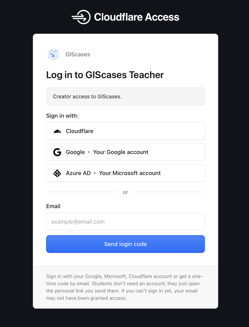 The GIScases Teacher sign-in page with Cloudflare, Google, Azure AD and email options