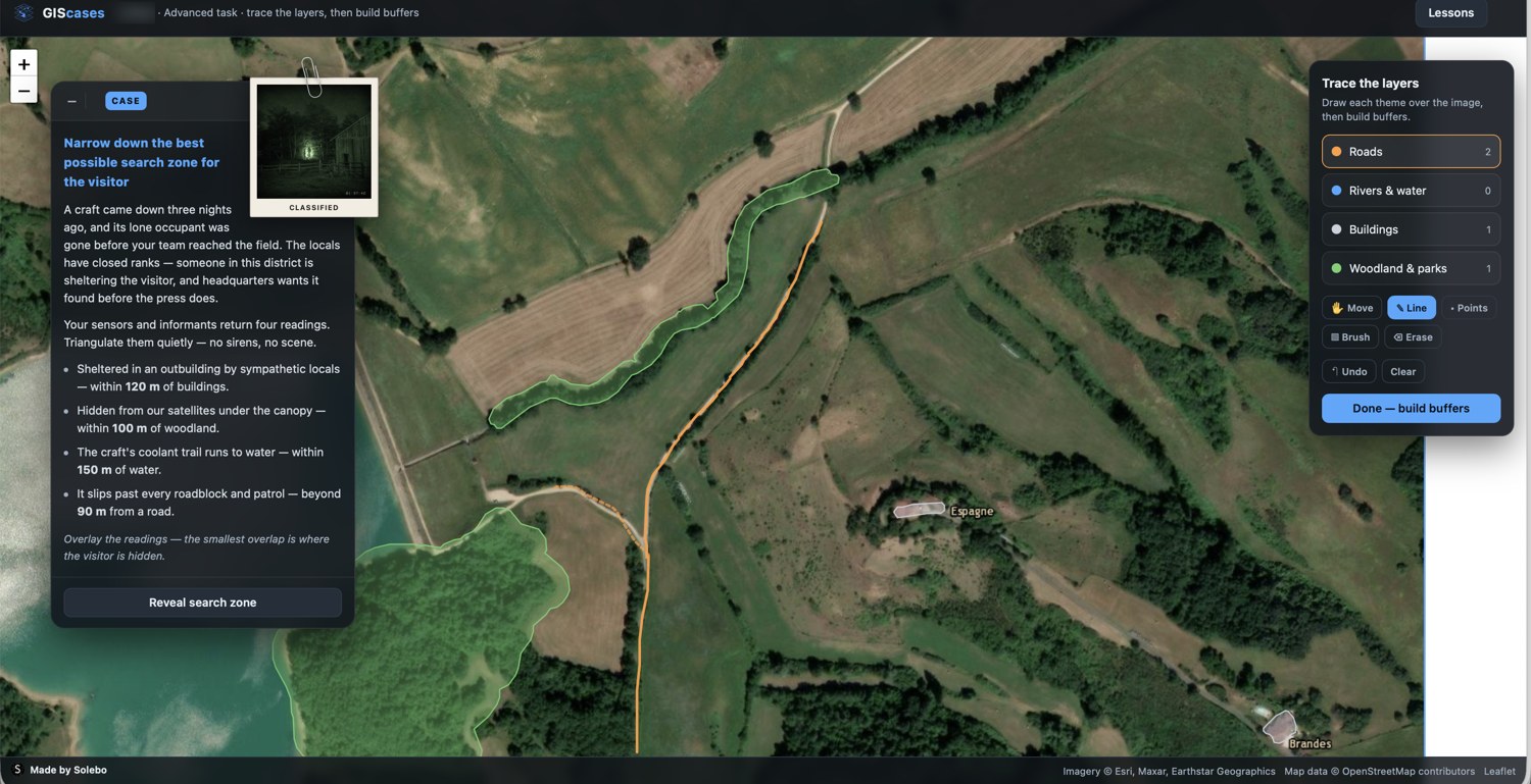 An advanced task mid-tracing: a road drawn in orange and woodland outlined in green over the satellite image