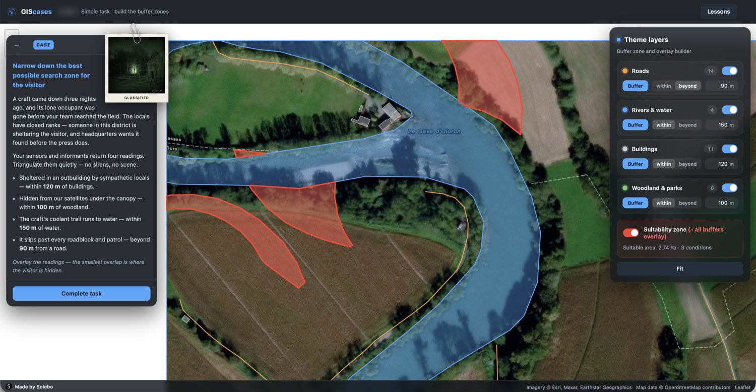 The suitability zone shown as red patches where all buffers overlap, with a readout of suitable area and conditions met