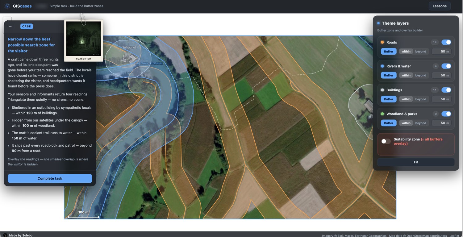 The Theme layers panel with buffers switched on for each layer, coloured buffer bands drawn along roads and the river