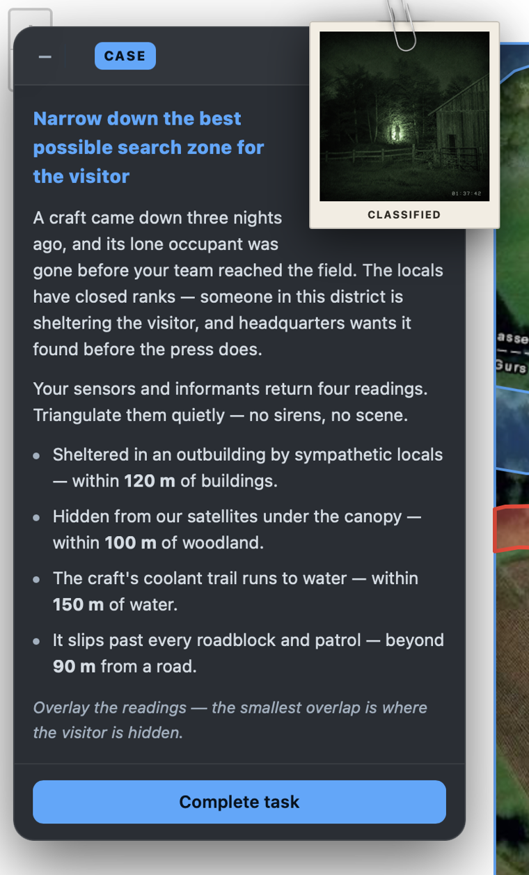 The case panel: the objective, a short story and four within/beyond distance clues, with a Complete task button
